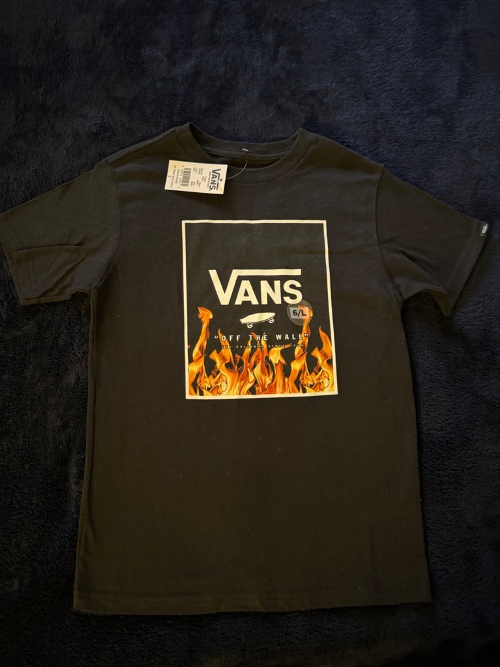 Vans Black Tee with White Logo and Orange Flame Graphic